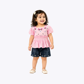 Baby Girls Embroidered Peplum Top & Denim Shorts Set – Stylish Summer Outfit
