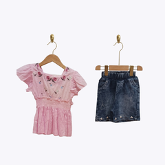 Baby Girls Embroidered Peplum Top & Denim Shorts Set – Stylish Summer Outfit