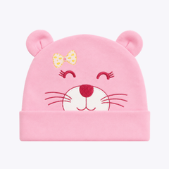 "Pink Bear" Embroidered Baby Cap with Bow