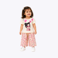 Girls' Pink Floral Graphic T-Shirt & Polka Dot Pants Set – Casual Wear