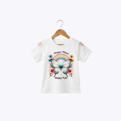 Girls White Butterfly and Rainbow Graphic T-Shirt