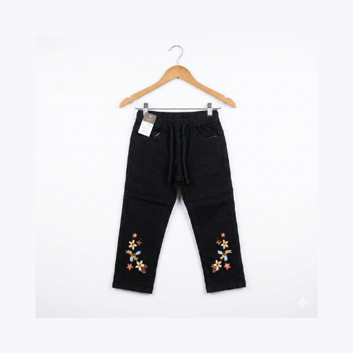 Girls Embroidered Black Denim Pants