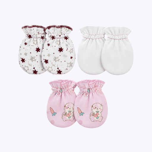 Pack of 3 Baby Mittens with Starry and Bear Prints