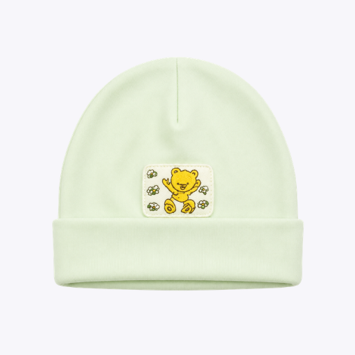 Mint Green Baby Hat with Bear Patch