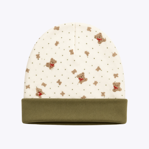 Teddy Bear Print Baby Hat with Olive Green Brim
