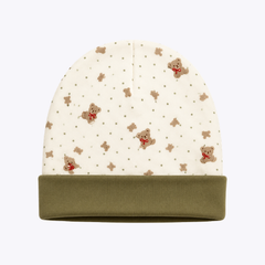 Teddy Bear Print Baby Hat with Olive Green Brim