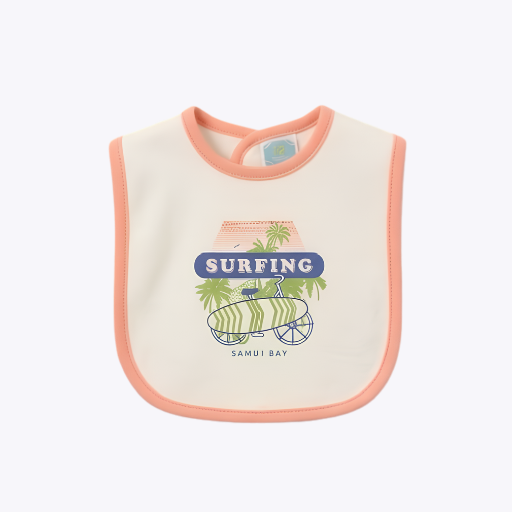Surfing Samui Bay Baby Bib - Ivory with Coral Trimming