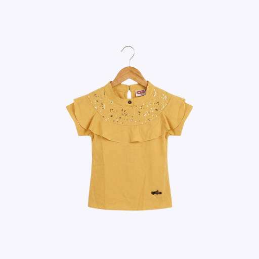 Girls Mustard Yellow Ruffled T-Shirt with Sequin Embellishments