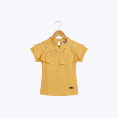 Girls Mustard Yellow Ruffled T-Shirt with Sequin Embellishments