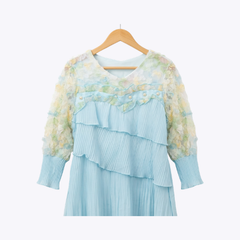 Girls Blue Ruffled Frock with Floral Sleeve Detail