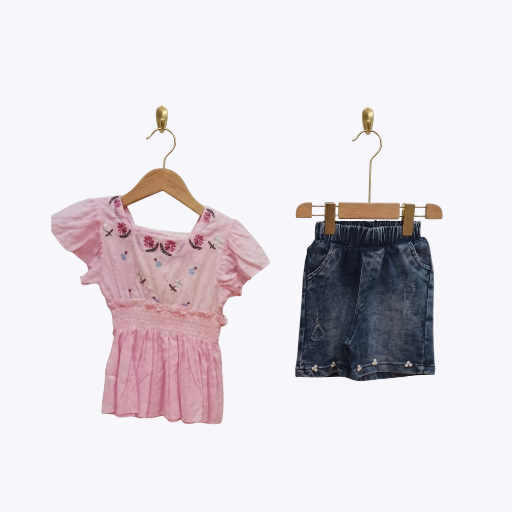 Baby Girls Embroidered Peplum Top & Denim Shorts Set – Stylish Summer Outfit