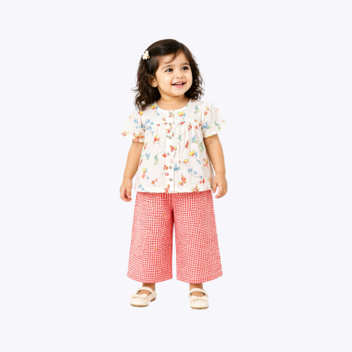 Girls Floral Printed Top & Checked Pant Set – Stylish & Comfortable Outfit