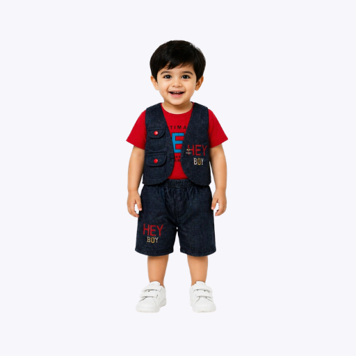 Baby Boys Denim Vest & T-Shirt with Shorts Set – Stylish Casual Wear