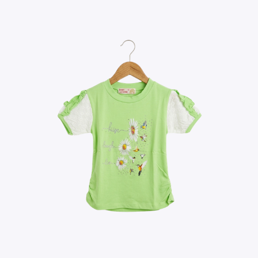 Girls Green Floral Embroidered T-Shirt with Lace Sleeves