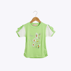 Girls Green Floral Embroidered T-Shirt with Lace Sleeves