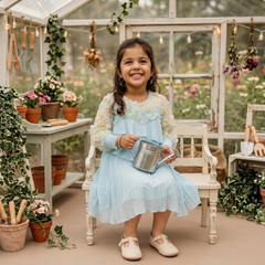 Girls Blue Ruffled Frock with Floral Sleeve Detail