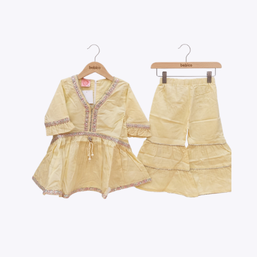 Baby Girl Yellow Embroidered Dress & Palazzo Set – Festive Outfit