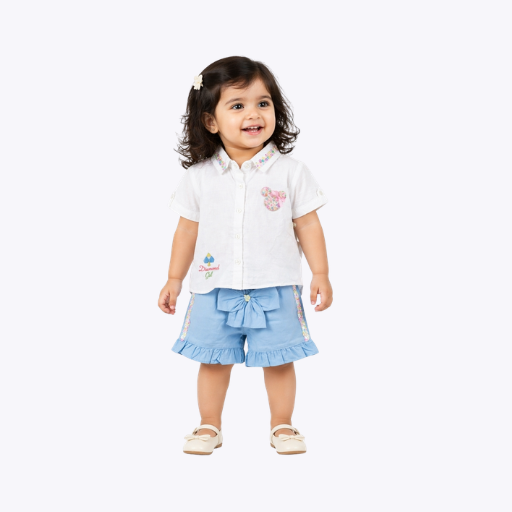 Girls White Embroidered Shirt & Blue Ruffle Shorts Set