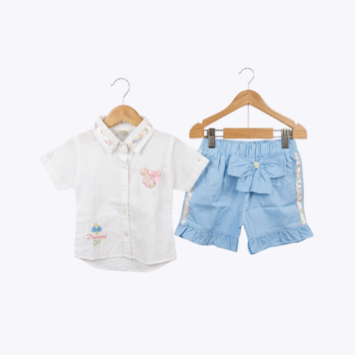 Girls White Embroidered Shirt & Blue Ruffle Shorts Set