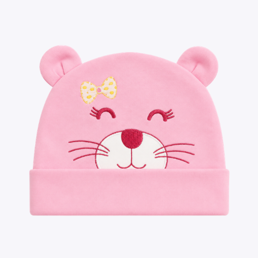 "Pink Bear" Embroidered Baby Cap with Bow