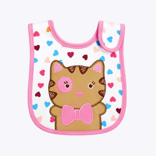 Cute Cat Design Baby Bib - Available in White with Pink Edging