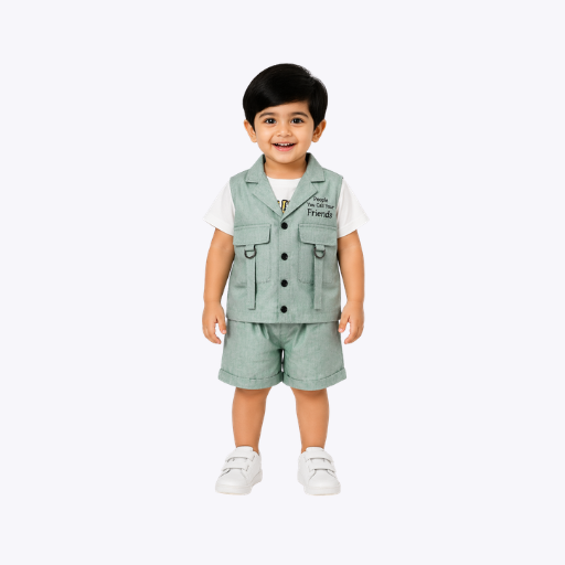 Trendy Kids Green Vest & Shorts Set – Casual Wear