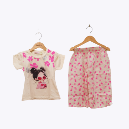 Girls' Pink Floral Graphic T-Shirt & Polka Dot Pants Set – Casual Wear