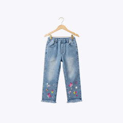 Girls Denim Pants with Floral Embroidery