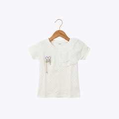 Girls White Polka Dot T-Shirt with Ruffled Sleeve