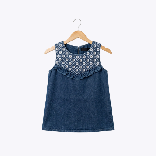 Girls Denim Frock with Floral Embroidery