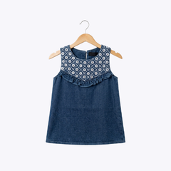Girls Denim Frock with Floral Embroidery